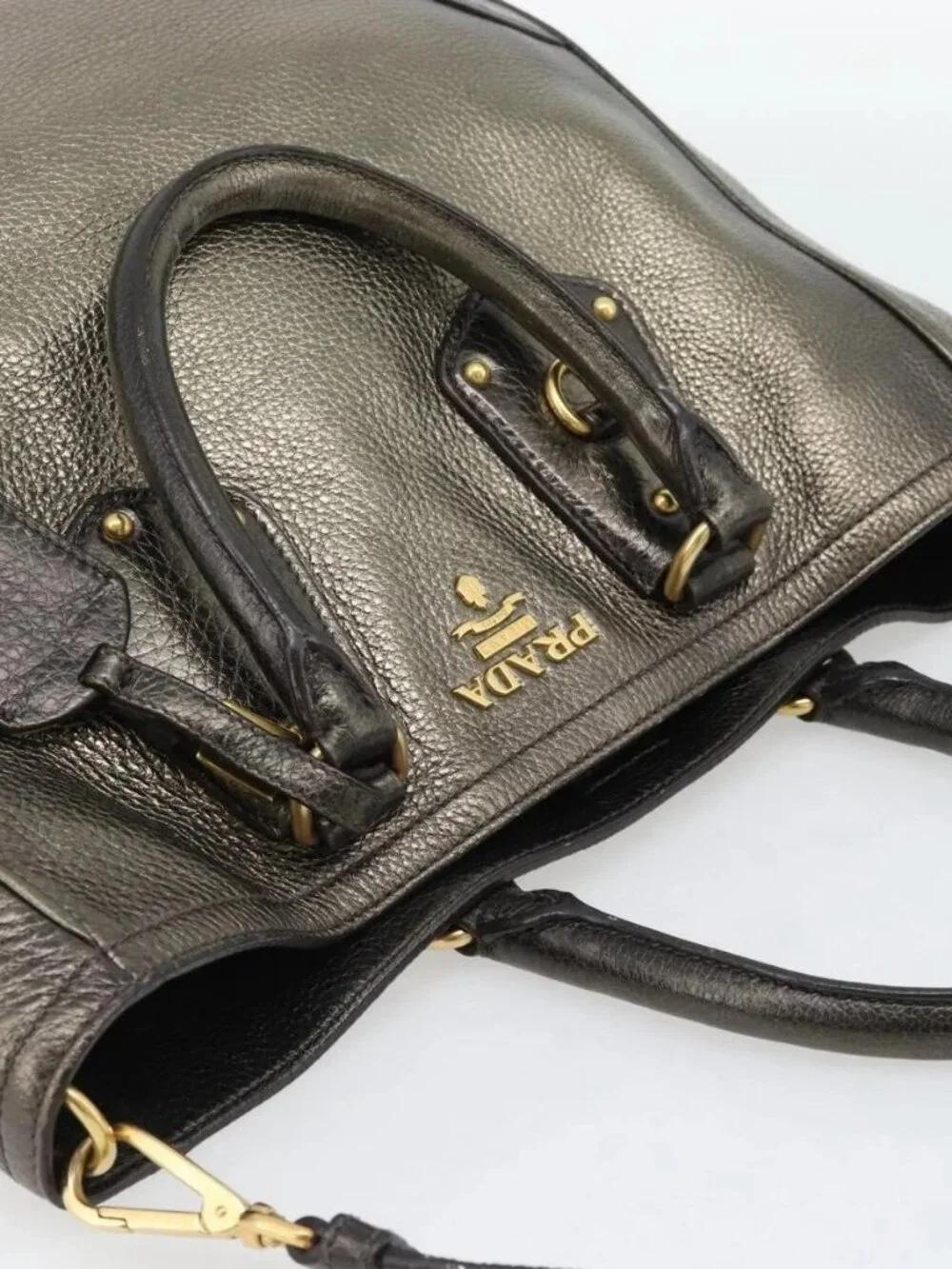 PRADA Tote Bag Leather 2way Gold Auth